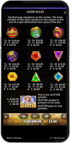 Opening the paytable in Gates of Olympus